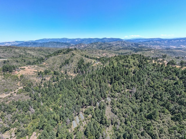 aerial view featuring a mountain view and a wooded view