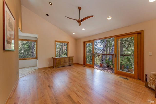 unfurnished room with recessed lighting, visible vents, light wood-style flooring, a ceiling fan, and baseboards