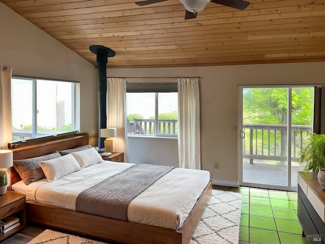 bedroom with a wood stove, access to exterior, wood ceiling, vaulted ceiling, and ceiling fan