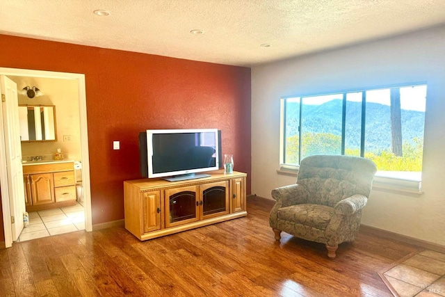 sitting room with sink, hardwood / wood-style floors, and a textured ceiling