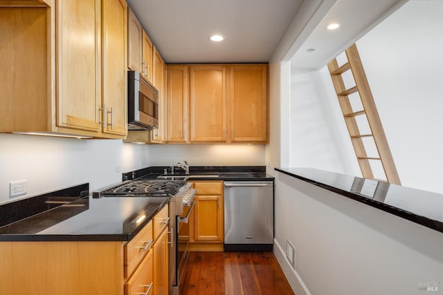 kitchen with dark wood-type flooring, stainless steel appliances, and sink