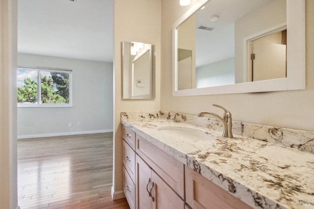 bathroom with wood finished floors, vanity, baseboards, and visible vents