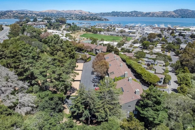 aerial view featuring a water and mountain view