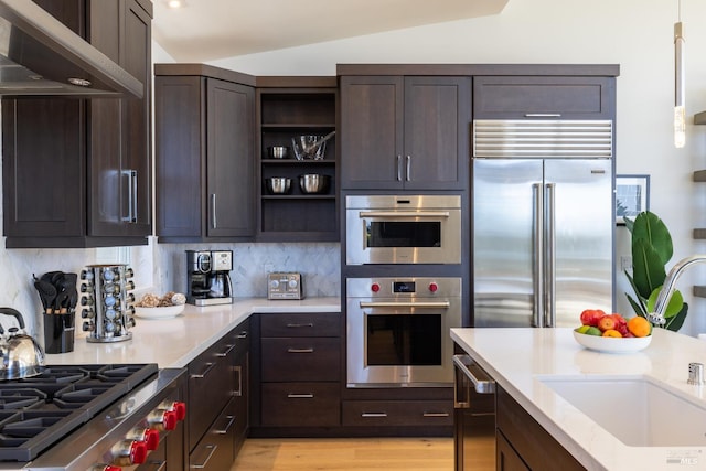 kitchen with light hardwood / wood-style floors, tasteful backsplash, vaulted ceiling, and stainless steel appliances