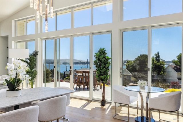 dining space featuring an inviting chandelier, a high ceiling, a water view, and light hardwood / wood-style floors