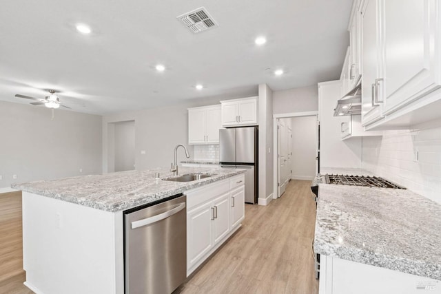 kitchen with a kitchen island with sink, sink, white cabinets, and stainless steel appliances