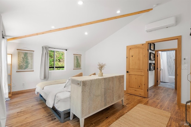 living room featuring hardwood / wood-style floors, a wall mounted air conditioner, high vaulted ceiling, and beamed ceiling