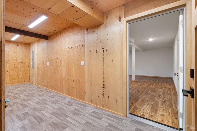 interior space featuring wooden walls, light hardwood / wood-style floors, and wooden ceiling