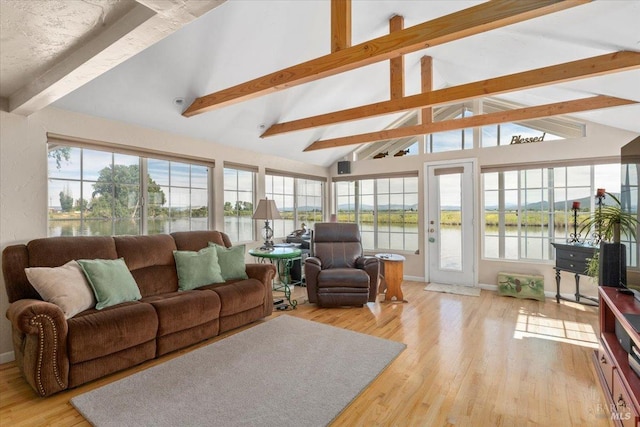 living room featuring light hardwood / wood-style floors, a water view, a wealth of natural light, and lofted ceiling with beams