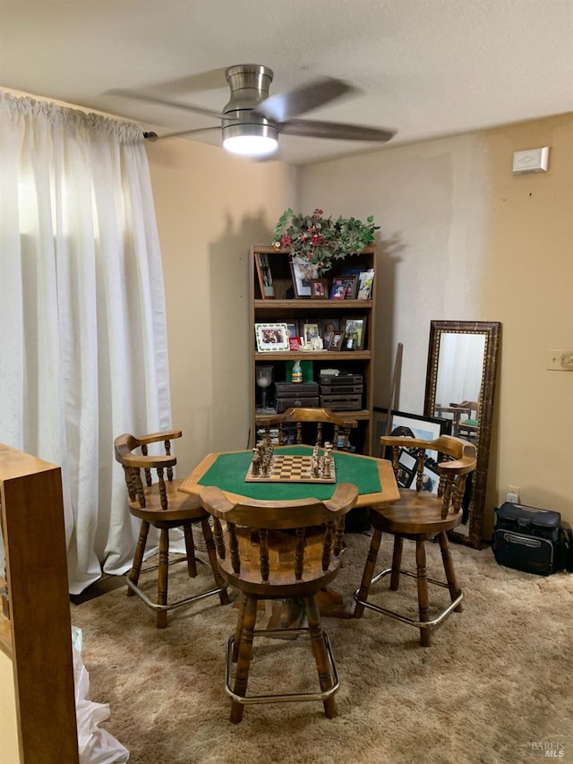 interior space with ceiling fan and carpet floors