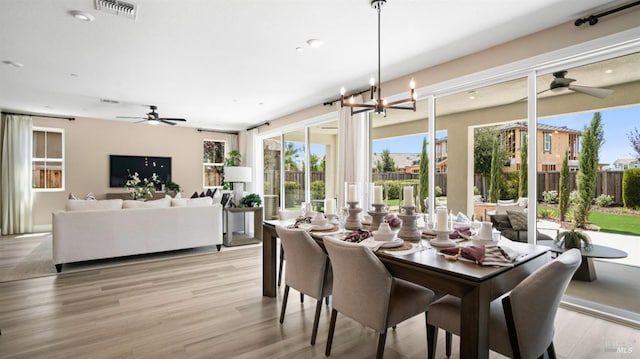 dining room featuring ceiling fan with notable chandelier and light hardwood / wood-style flooring