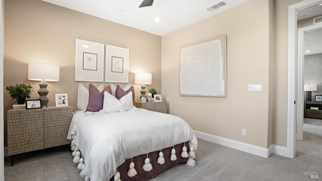 carpeted bedroom with ceiling fan