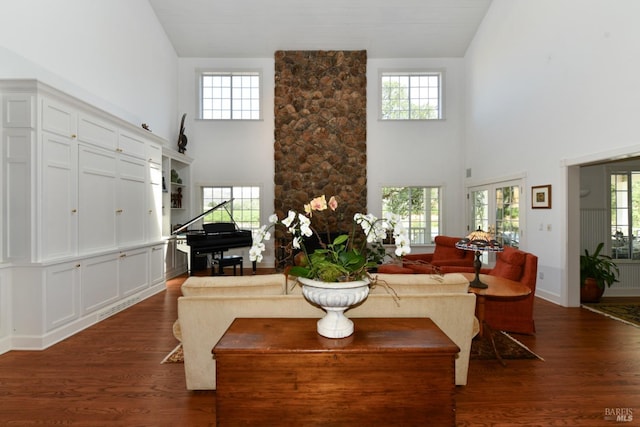 living room featuring dark hardwood / wood-style flooring, high vaulted ceiling, and a healthy amount of sunlight