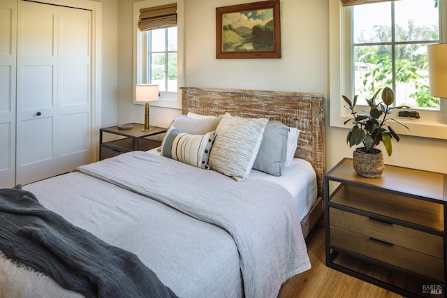 bedroom with light hardwood / wood-style floors and a closet