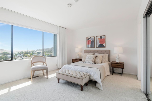 bedroom with light carpet