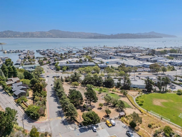 drone / aerial view with a water and mountain view