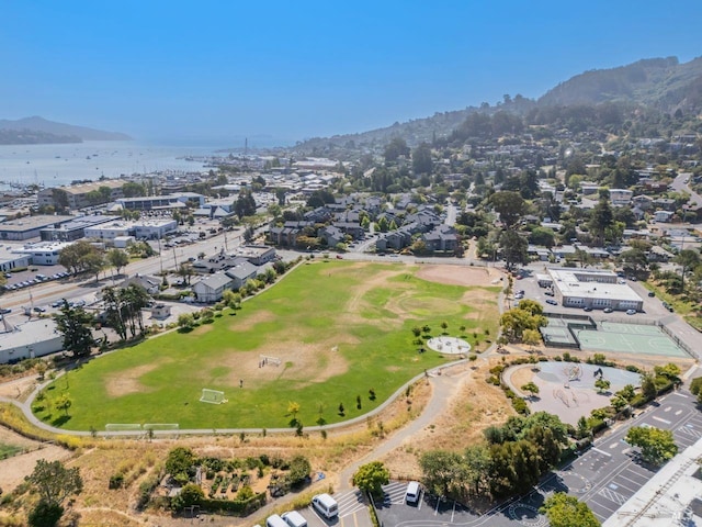 birds eye view of property featuring a water and mountain view