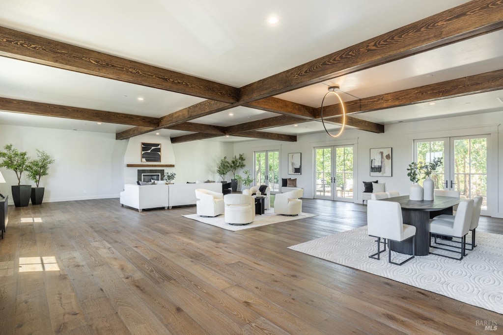 6530 Covey Rd, Forestville, CA 95436 - living room with beam ceiling, french doors, and hardwood / wood-style flooring