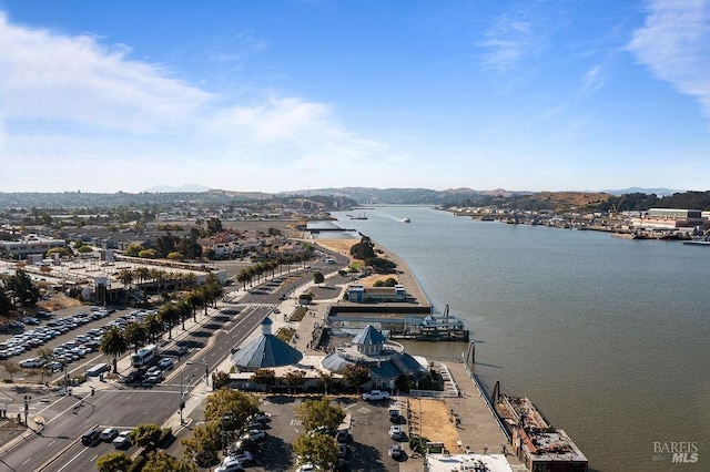 aerial view featuring a water view