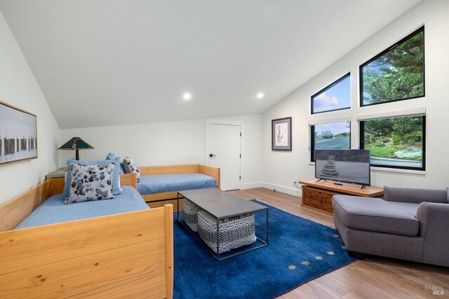 living room featuring lofted ceiling and hardwood / wood-style floors