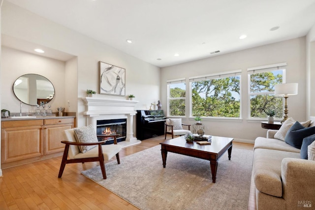 living room with light hardwood / wood-style floors and sink