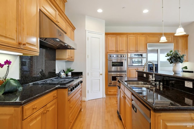 kitchen featuring range hood, stainless steel appliances, sink, and an island with sink