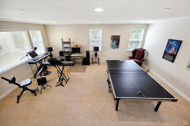 recreation room featuring crown molding and light carpet