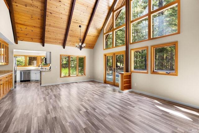 unfurnished living room with light wood-style floors, wood ceiling, beamed ceiling, and baseboards