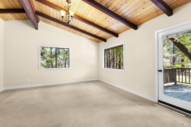 spare room with baseboards, lofted ceiling with beams, wooden ceiling, an inviting chandelier, and carpet