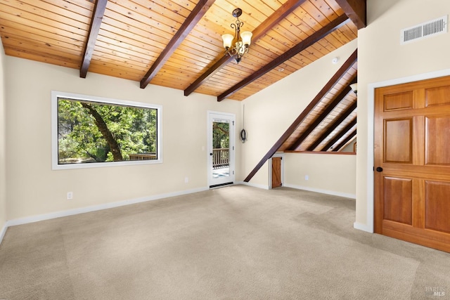 interior space with baseboards, lofted ceiling with beams, visible vents, and an inviting chandelier