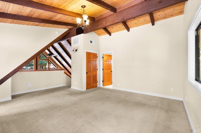 unfurnished living room with beamed ceiling, an inviting chandelier, carpet floors, high vaulted ceiling, and wooden ceiling