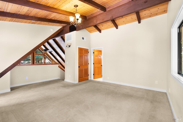 additional living space with baseboards, wood ceiling, vaulted ceiling with beams, an inviting chandelier, and carpet