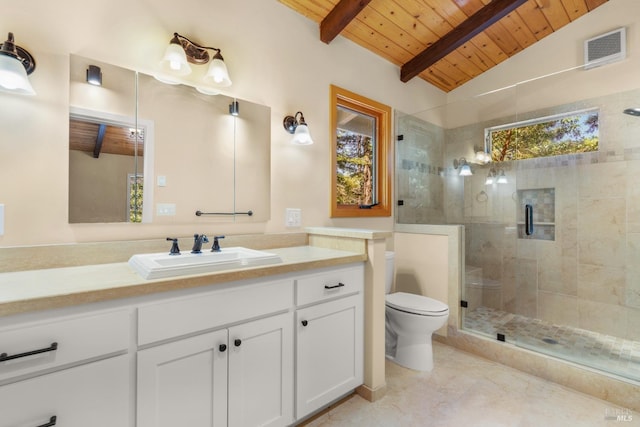 bathroom with vanity, tile patterned floors, vaulted ceiling with beams, toilet, and wood ceiling