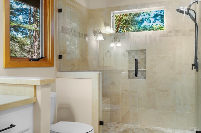 bathroom with a shower with shower door, vanity, and toilet