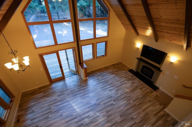 unfurnished living room with beam ceiling, a fireplace with raised hearth, wood ceiling, wood finished floors, and high vaulted ceiling