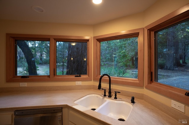 kitchen featuring light countertops, white cabinets, a sink, and stainless steel dishwasher