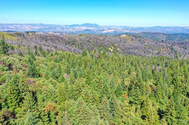 aerial view featuring a mountain view and a wooded view