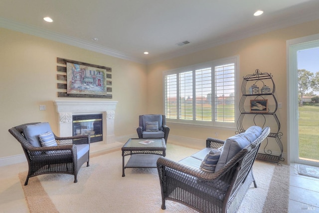 living room featuring crown molding, plenty of natural light, and light tile patterned floors