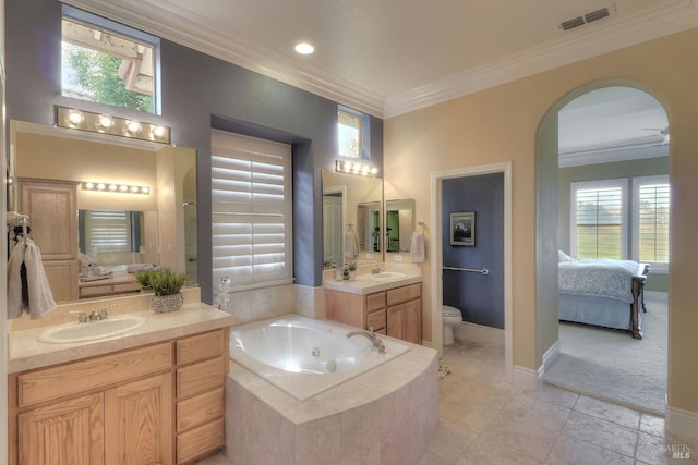 bathroom with vanity, tile patterned floors, ornamental molding, and toilet