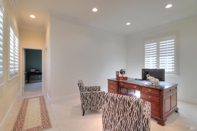 office area with ornamental molding and a baseboard radiator