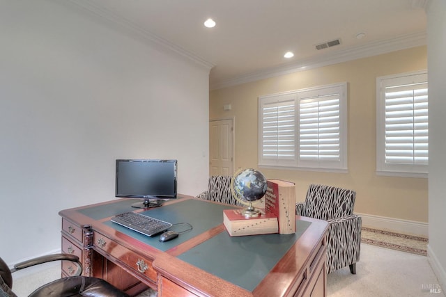 carpeted office space featuring crown molding