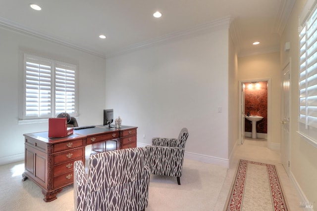 office space with crown molding, sink, and light carpet