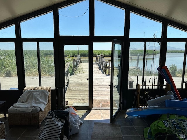 interior space with a water view