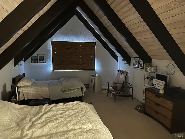 bedroom featuring vaulted ceiling with beams and carpet