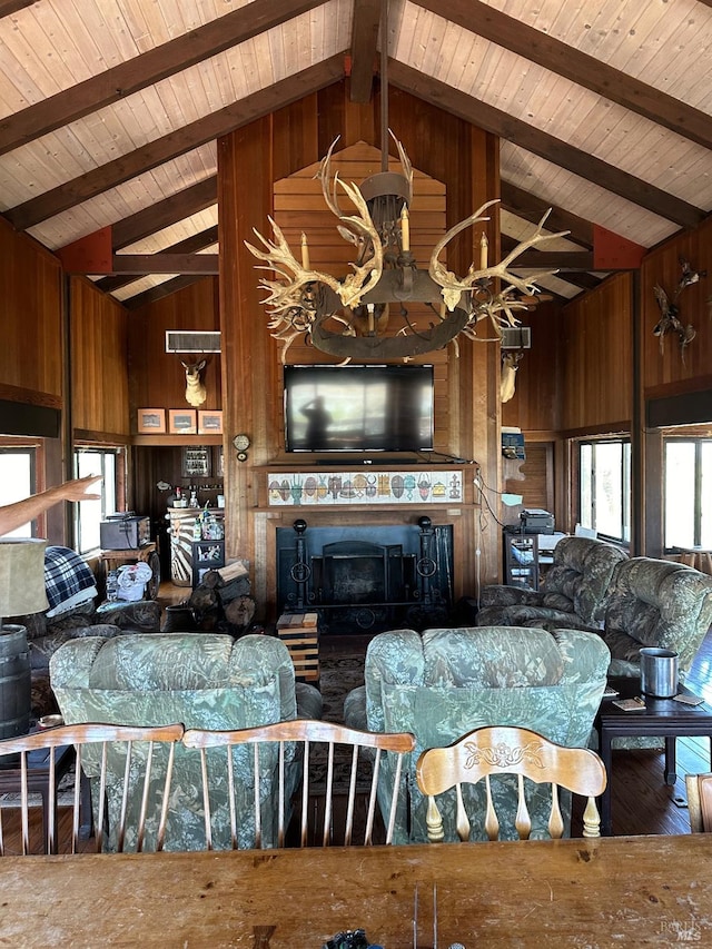 living room featuring wooden walls, wood ceiling, beamed ceiling, wood-type flooring, and high vaulted ceiling