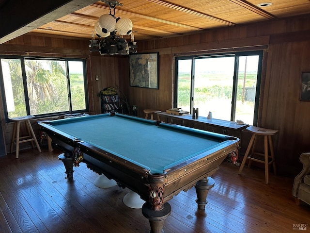 recreation room with wooden walls, wood-type flooring, billiards, and wooden ceiling