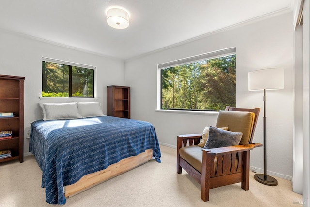 bedroom featuring light carpet and baseboards