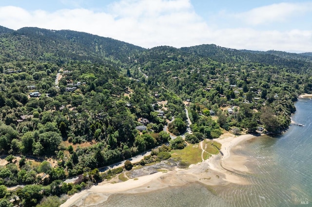 bird's eye view with a water and mountain view