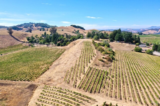 drone / aerial view featuring a mountain view and a rural view