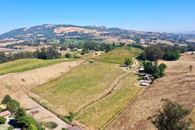 bird's eye view featuring a rural view and a mountain view